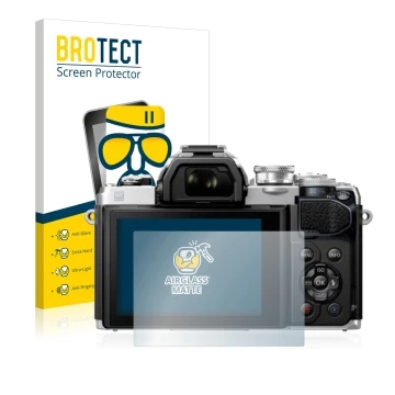 Face avant d’un emballage produit avec le logo de la marque BROTECT. À côté, l’appareil Olympus OM-D E-M10 Mark III est représ