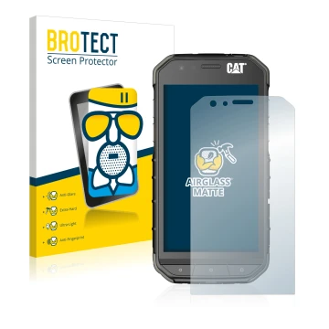 Face avant d’un emballage produit avec le logo de la marque BROTECT. À côté, l’appareil Caterpillar Cat S31 est représenté ave