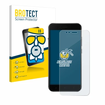 Face avant d’un emballage produit avec le logo de la marque BROTECT. À côté, l’appareil Xiaomi Mi A1 est représenté avec la pr