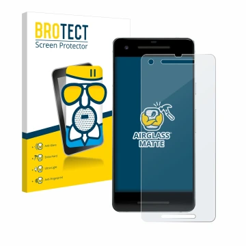 Face avant d’un emballage produit avec le logo de la marque BROTECT. À côté, l’appareil Google Pixel 2 est représenté avec la 