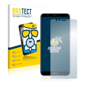 Face avant d’un emballage produit avec le logo de la marque BROTECT. À côté, l’appareil Honor 7X est représenté avec la protec