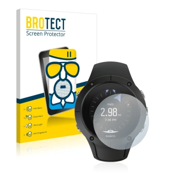 Face avant d’un emballage produit avec le logo de la marque BROTECT. À côté, l’appareil Suunto Spartan Trainer Wrist HR est re