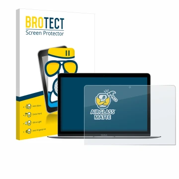 Face avant d’un emballage produit avec le logo de la marque BROTECT. À côté, l’appareil Apple MacBook Retina 12