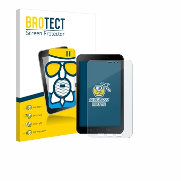 Face avant d’un emballage produit avec le logo de la marque BROTECT. À côté, l’appareil Samsung Galaxy Tab Active 2 est représ