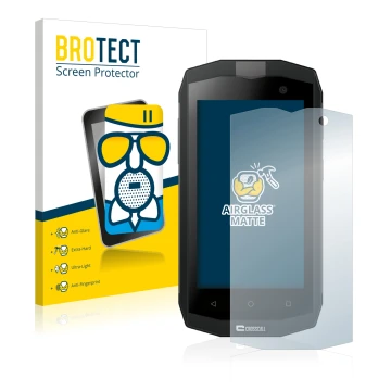 Face avant d’un emballage produit avec le logo de la marque BROTECT. À côté, l’appareil Crosscall Trekker M1 Core est représen