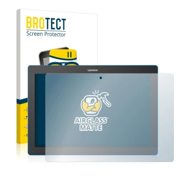 Face avant d’un emballage produit avec le logo de la marque BROTECT. À côté, l’appareil Lenovo Tab 10 TB-X103F est représenté 
