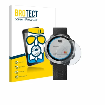 Face avant d’un emballage produit avec le logo de la marque BROTECT. À côté, l’appareil Garmin Forerunner 645 est représenté a