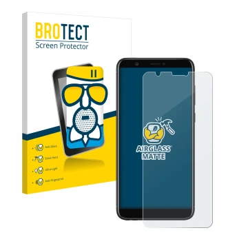 Face avant d’un emballage produit avec le logo de la marque BROTECT. À côté, l’appareil Huawei P smart 2018 est représenté ave