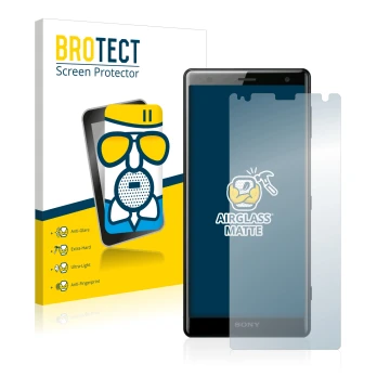 Face avant d’un emballage produit avec le logo de la marque BROTECT. À côté, l’appareil Sony Xperia XZ2 est représenté avec la