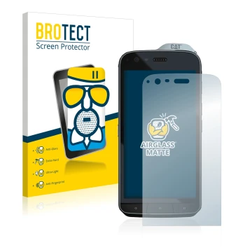 Face avant d’un emballage produit avec le logo de la marque BROTECT. À côté, l’appareil Caterpillar Cat S61 est représenté ave