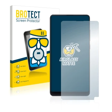 Face avant d’un emballage produit avec le logo de la marque BROTECT. À côté, l’appareil Xiaomi Mi Mix 2S est représenté avec l