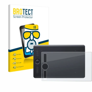 Face avant d’un emballage produit avec le logo de la marque BROTECT. À côté, l’appareil Wacom Intuos Pro M (2017) est représen