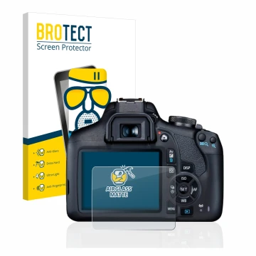 Face avant d’un emballage produit avec le logo de la marque BROTECT. À côté, l’appareil Canon EOS 2000D est représenté avec la