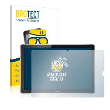Face avant d’un emballage produit avec le logo de la marque BROTECT. À côté, l’appareil Huawei MediaPad M5 10.8 est représenté