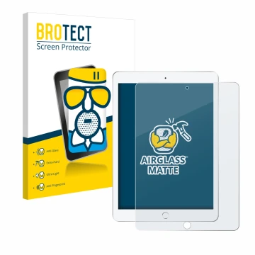 Face avant d’un emballage produit avec le logo de la marque BROTECT. À côté, l’appareil Apple iPad 9.7