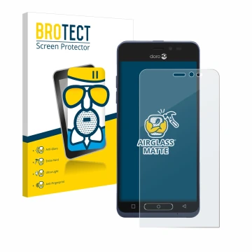 Face avant d’un emballage produit avec le logo de la marque BROTECT. À côté, l’appareil Doro 8035 est représenté avec la prote