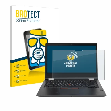 Face avant d’un emballage produit avec le logo de la marque BROTECT. À côté, l’appareil Lenovo ThinkPad Yoga X380 est représen