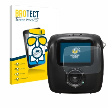 Face avant d’un emballage produit avec le logo de la marque BROTECT. À côté, l’appareil Fujifilm Instax Square SQ10 est représ