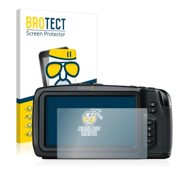 Face avant d’un emballage produit avec le logo de la marque BROTECT. À côté, l’appareil Blackmagic Pocket Cinema Camera 4K est