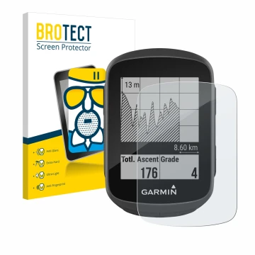Face avant d’un emballage produit avec le logo de la marque BROTECT. À côté, l’appareil Garmin Edge 130 est représenté avec la