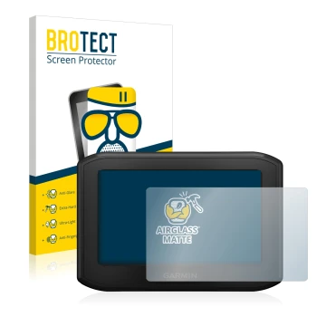 Face avant d’un emballage produit avec le logo de la marque BROTECT. À côté, l’appareil Garmin zumo 396 LMT-S est représenté a