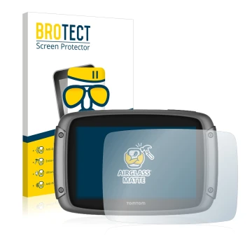 Face avant d’un emballage produit avec le logo de la marque BROTECT. À côté, l’appareil TomTom Rider 500 est représenté avec l