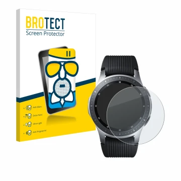 Face avant d’un emballage produit avec le logo de la marque BROTECT. À côté, l’appareil Samsung Galaxy Watch (46 mm) est repré