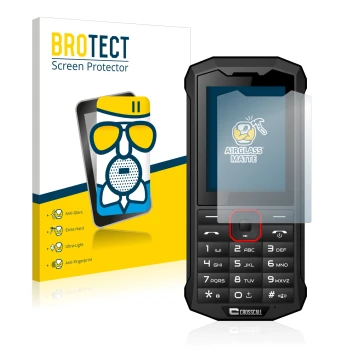 Face avant d’un emballage produit avec le logo de la marque BROTECT. À côté, l’appareil Crosscall Spider X4 est représenté ave