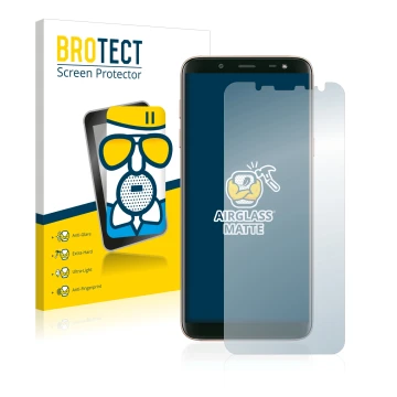 Face avant d’un emballage produit avec le logo de la marque BROTECT. À côté, l’appareil Samsung Galaxy J6 2018 est représenté 