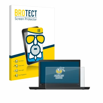 Face avant d’un emballage produit avec le logo de la marque BROTECT. À côté, l’appareil Lenovo ThinkPad T480 est représenté av