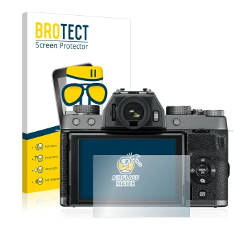 Face avant d’un emballage produit avec le logo de la marque BROTECT. À côté, l’appareil Fujifilm X-T100 est représenté avec la