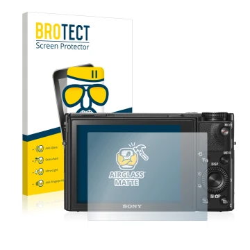 Face avant d’un emballage produit avec le logo de la marque BROTECT. À côté, l’appareil Sony Cyber-Shot DSC-RX100 VI est repré