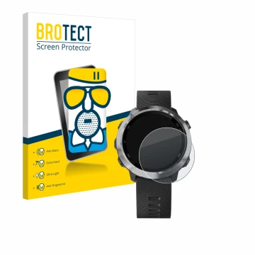 Face avant d’un emballage produit avec le logo de la marque BROTECT. À côté, l’appareil Garmin Forerunner 645 Music est représ