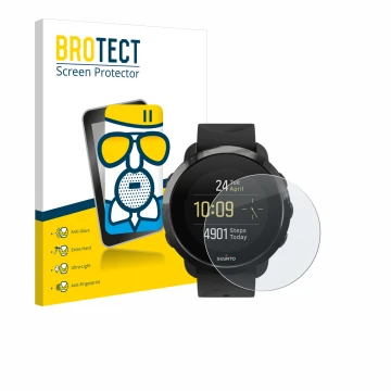 Face avant d’un emballage produit avec le logo de la marque BROTECT. À côté, l’appareil Suunto 3 Fitness est représenté avec l