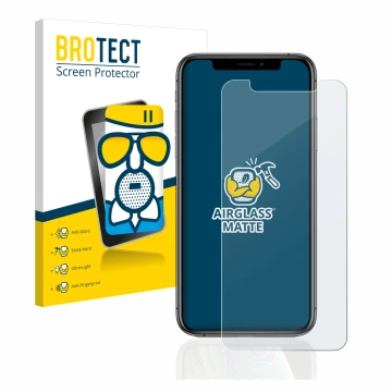 Face avant d’un emballage produit avec le logo de la marque BROTECT. À côté, l’appareil Apple iPhone Xs est représenté avec la