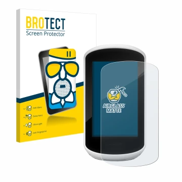 Face avant d’un emballage produit avec le logo de la marque BROTECT. À côté, l’appareil Garmin Edge Explore 2018 est représent