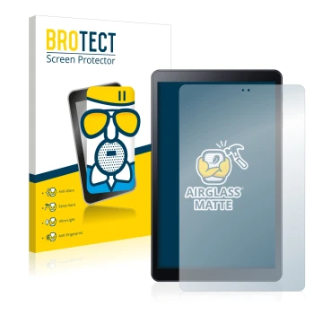 Face avant d’un emballage produit avec le logo de la marque BROTECT. À côté, l’appareil Samsung Galaxy Tab A 10.5 2018 LTE est