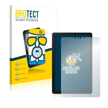 Face avant d’un emballage produit avec le logo de la marque BROTECT. À côté, l’appareil Samsung Galaxy Tab S4 10.5 est représe