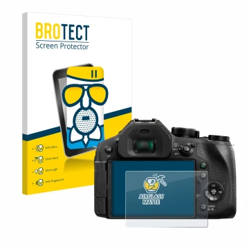 Face avant d’un emballage produit avec le logo de la marque BROTECT. À côté, l’appareil Panasonic Lumix DMC-FZ330 est représen