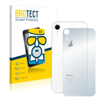 Face avant d’un emballage produit avec le logo de la marque BROTECT. À côté, l’appareil Apple iPhone XR (Le dos) est représent