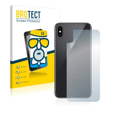 Face avant d’un emballage produit avec le logo de la marque BROTECT. À côté, l’appareil Apple iPhone Xs Max (Le dos) est repré