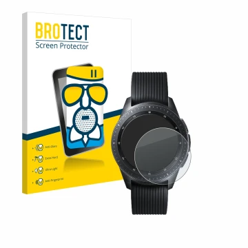 Face avant d’un emballage produit avec le logo de la marque BROTECT. À côté, l’appareil Samsung Galaxy Watch (42 mm) est repré