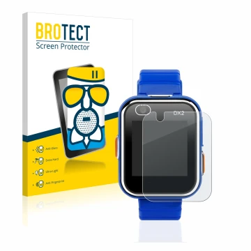 Face avant d’un emballage produit avec le logo de la marque BROTECT. À côté, l’appareil Vtech Kidizoom Smart Watch DX2 est rep