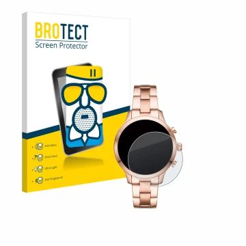 Face avant d’un emballage produit avec le logo de la marque BROTECT. À côté, l’appareil Michael Kors Access Runway (41 mm) est