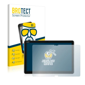 Face avant d’un emballage produit avec le logo de la marque BROTECT. À côté, l’appareil Huawei MediaPad M5 Lite 10.1