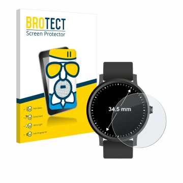 Face avant d’un emballage produit avec le logo de la marque BROTECT. À côté, l’appareil Montres (Circulaire, ø: 34.5 mm) est r