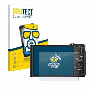 Face avant d’un emballage produit avec le logo de la marque BROTECT. À côté, l’appareil Sony Cyber-Shot DSC-HX99 est représent