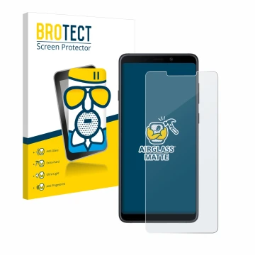 Face avant d’un emballage produit avec le logo de la marque BROTECT. À côté, l’appareil Samsung Galaxy A9 2018 est représenté 