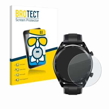 Face avant d’un emballage produit avec le logo de la marque BROTECT. À côté, l’appareil Huawei Watch GT (46 mm) 2018 est repré
