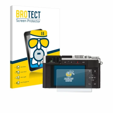 Face avant d’un emballage produit avec le logo de la marque BROTECT. À côté, l’appareil Leica D-Lux 7 est représenté avec la p